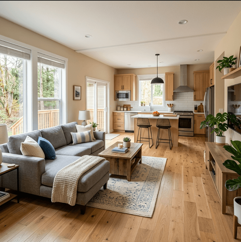 Open-plan living room and kitchen inside a Family Home Choice home
